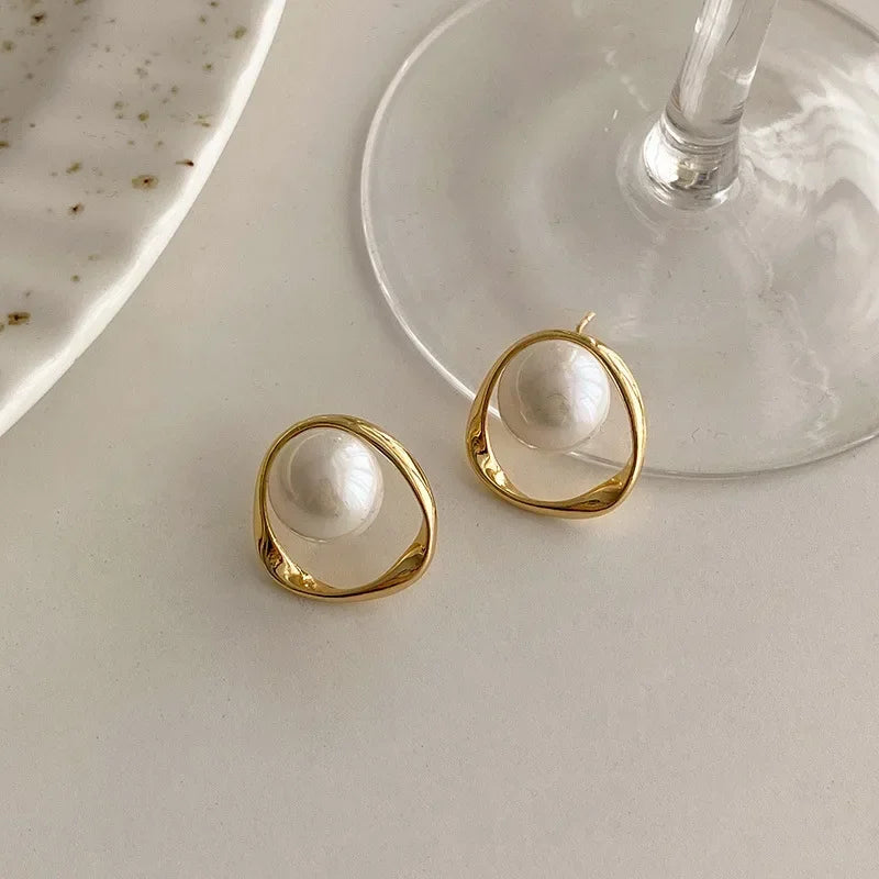 Round Gold & Pearl Stud Earrings