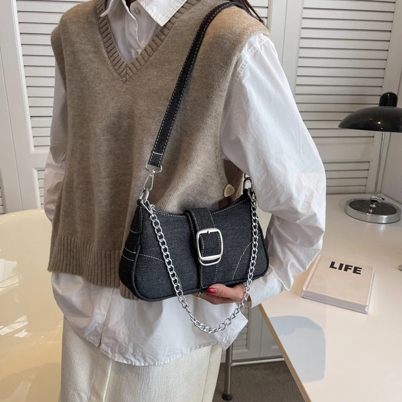 Denim With Chain Shoulder Bag