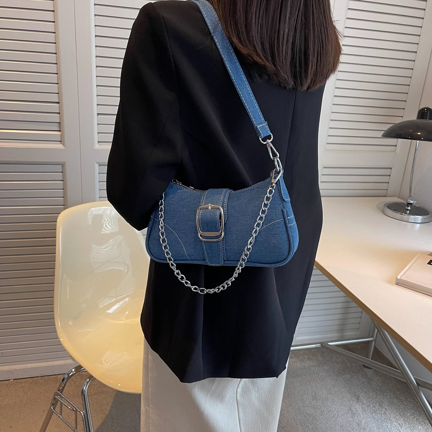 Denim With Chain Shoulder Bag