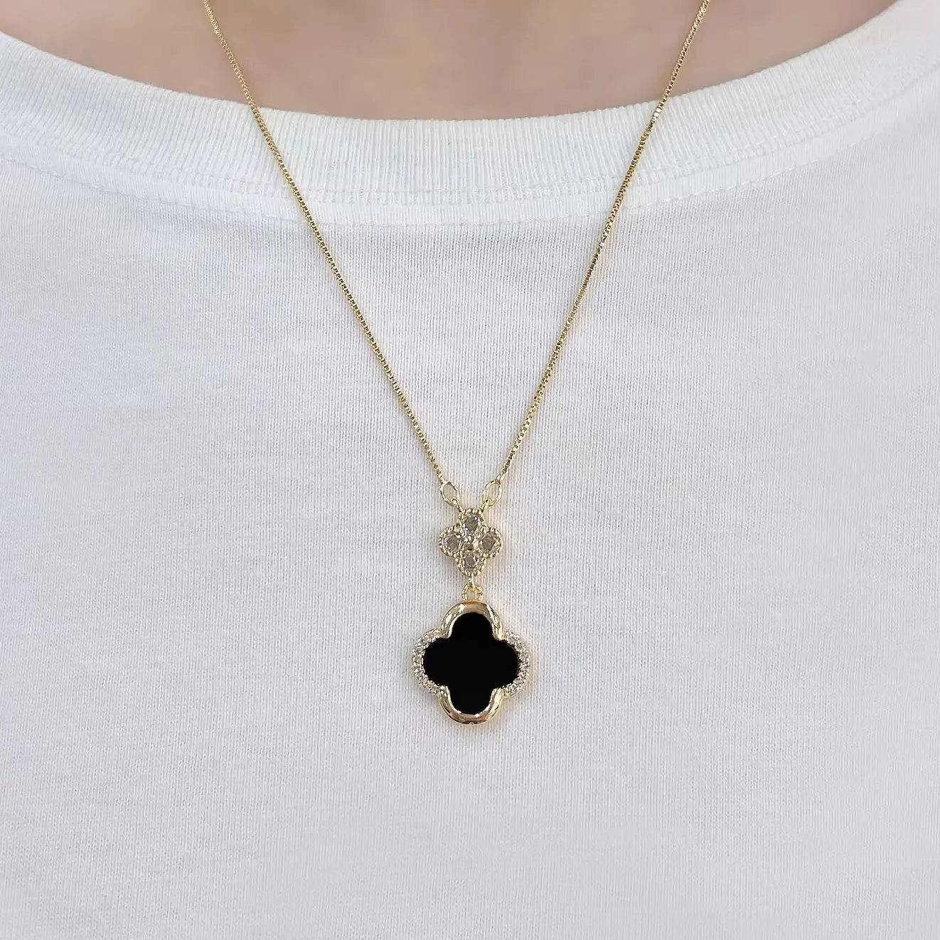 Gold Zircon Four Leaf Clover Necklace